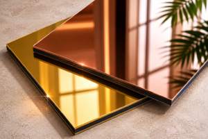 Panneaux composites aluminium miroir finitions bronze et or superposés sur fond clair
