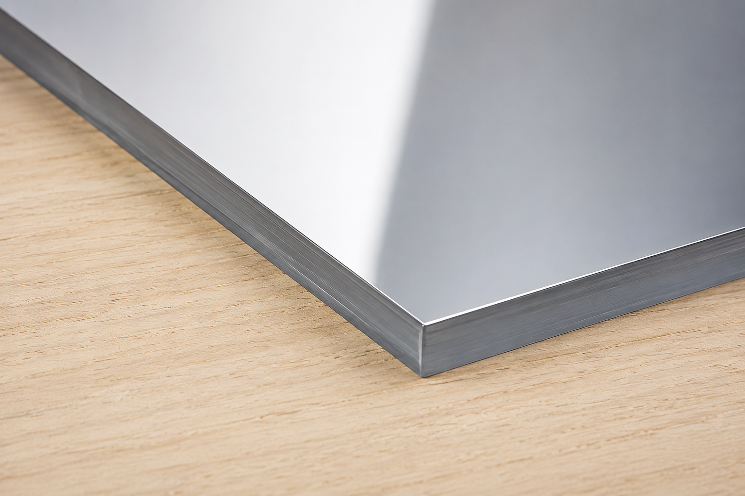Plaque en polycarbonate miroir argenté incassable TUFFAK posée sur une table en bois