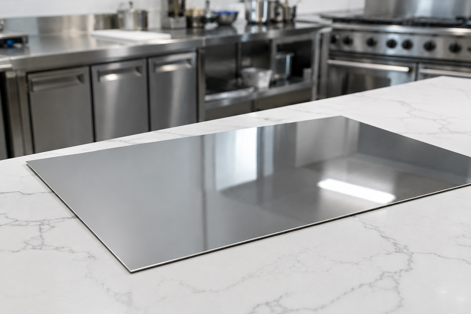 Plaque de tôle inox poli miroir 304L posée sur un plan de travail en quartz blanc dans une cuisine professionnelle.
