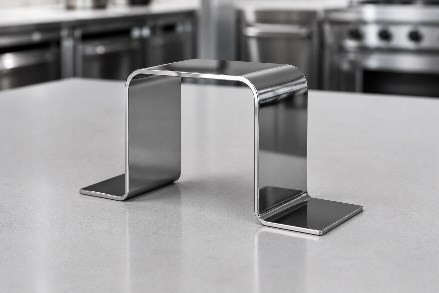 Profilé métallique plié en forme d'Omega en tôle inox poli miroir 304L sur mesure.