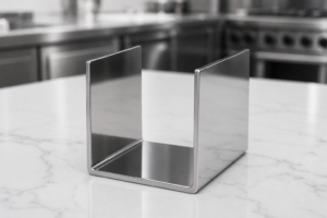 Profilé de finition plié en U en tôle inox poli miroir 304L pour habillage mural de cuisine.