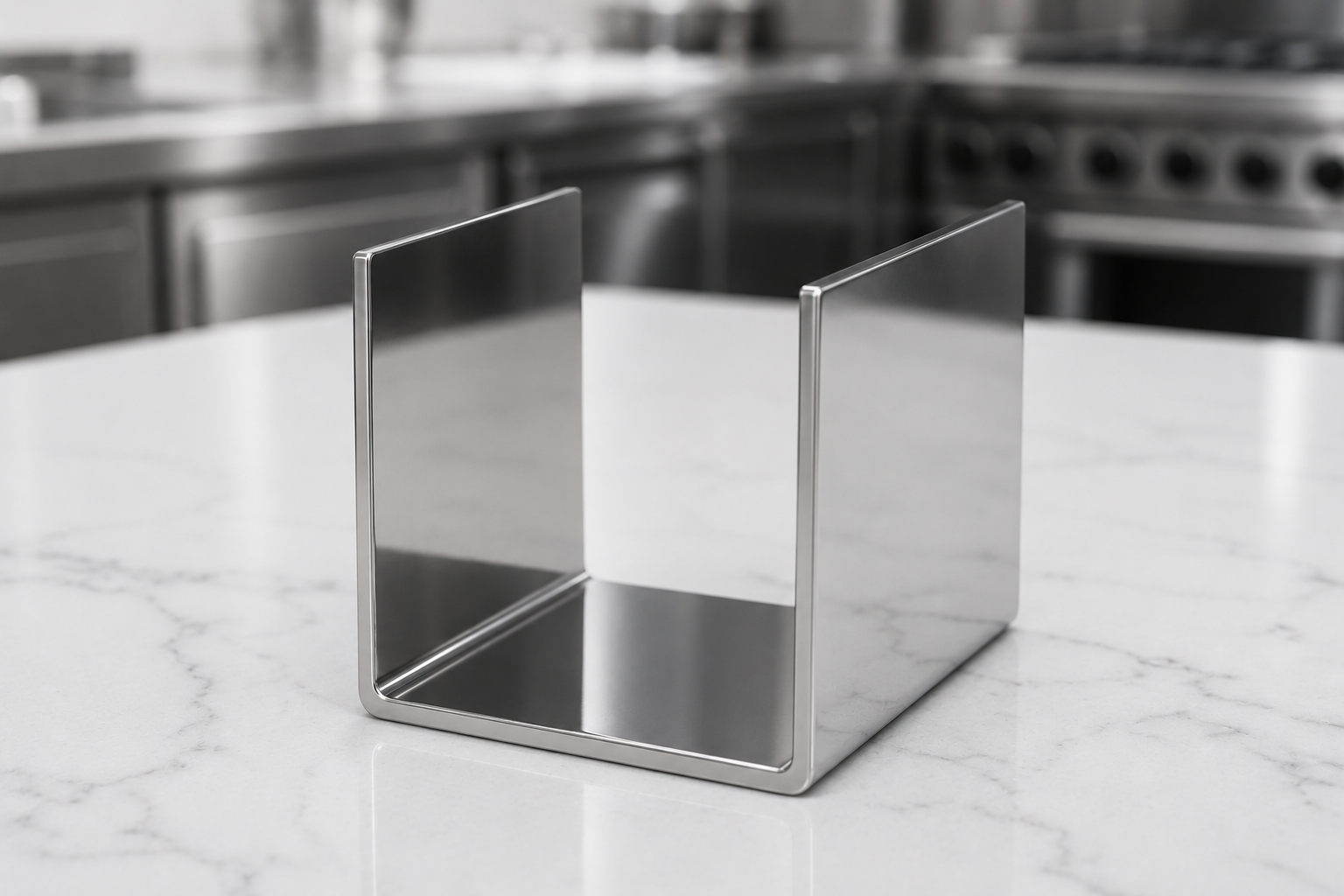 Profilé de finition plié en U en tôle inox poli miroir 304L pour habillage mural de cuisine.