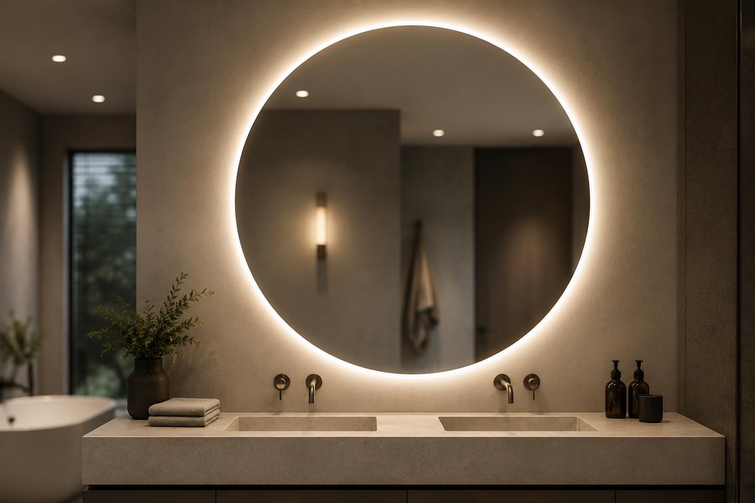 Grand miroir de salle de bains rétroéclairé par LED pour une ambiance moderne et épurée.