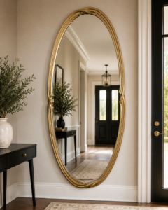 Miroir mural décoratif à design moderne installé dans une pièce à vivre lumineuse.