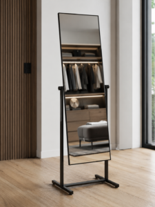 Miroir psyché sur pied articulé en métal noir minimaliste pour chambre ou dressing.