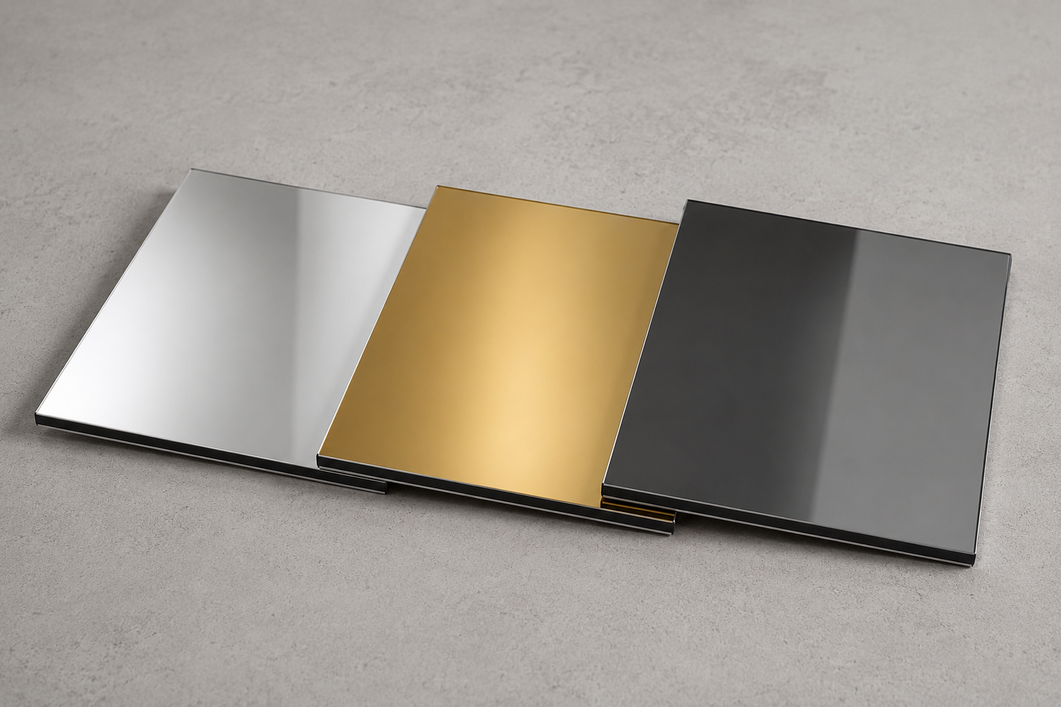 Échantillons de panneaux composites DIBOND miroir en finitions argent or et anthracite