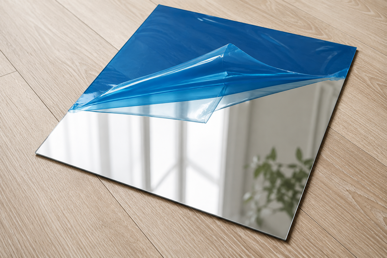 Tôle fine d'aluminium miroir décorative posée sur un parquet avec son film de protection bleu semi-décollé
