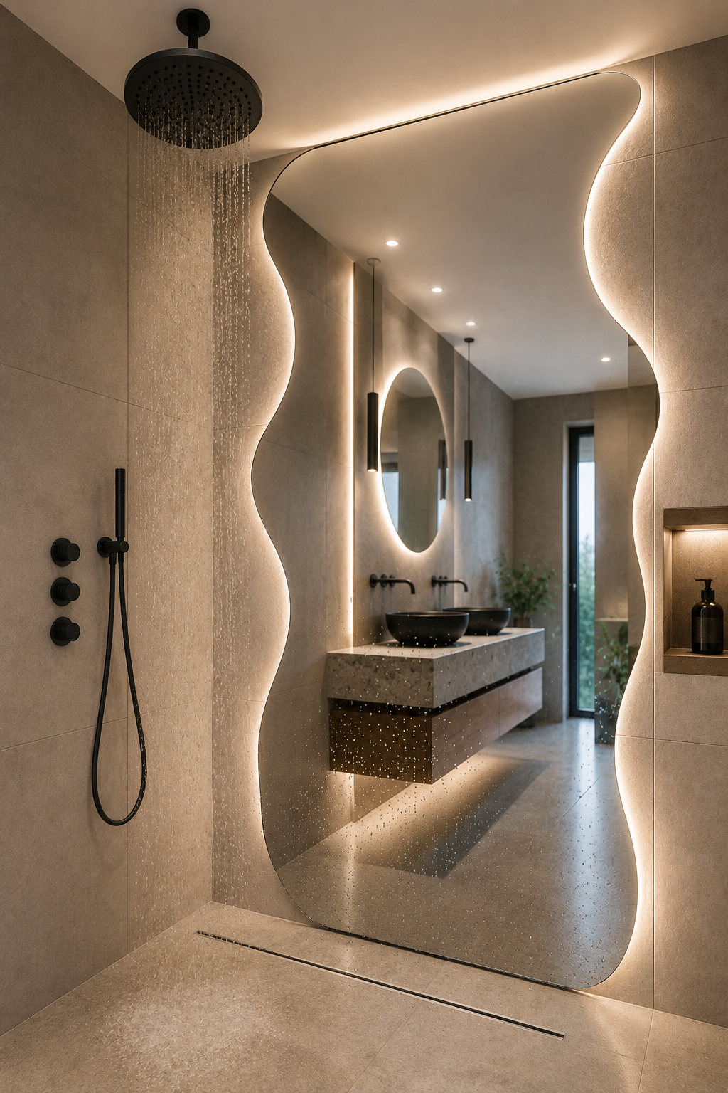 Panneau de douche mural effet miroir installé dans une cabine de douche moderne