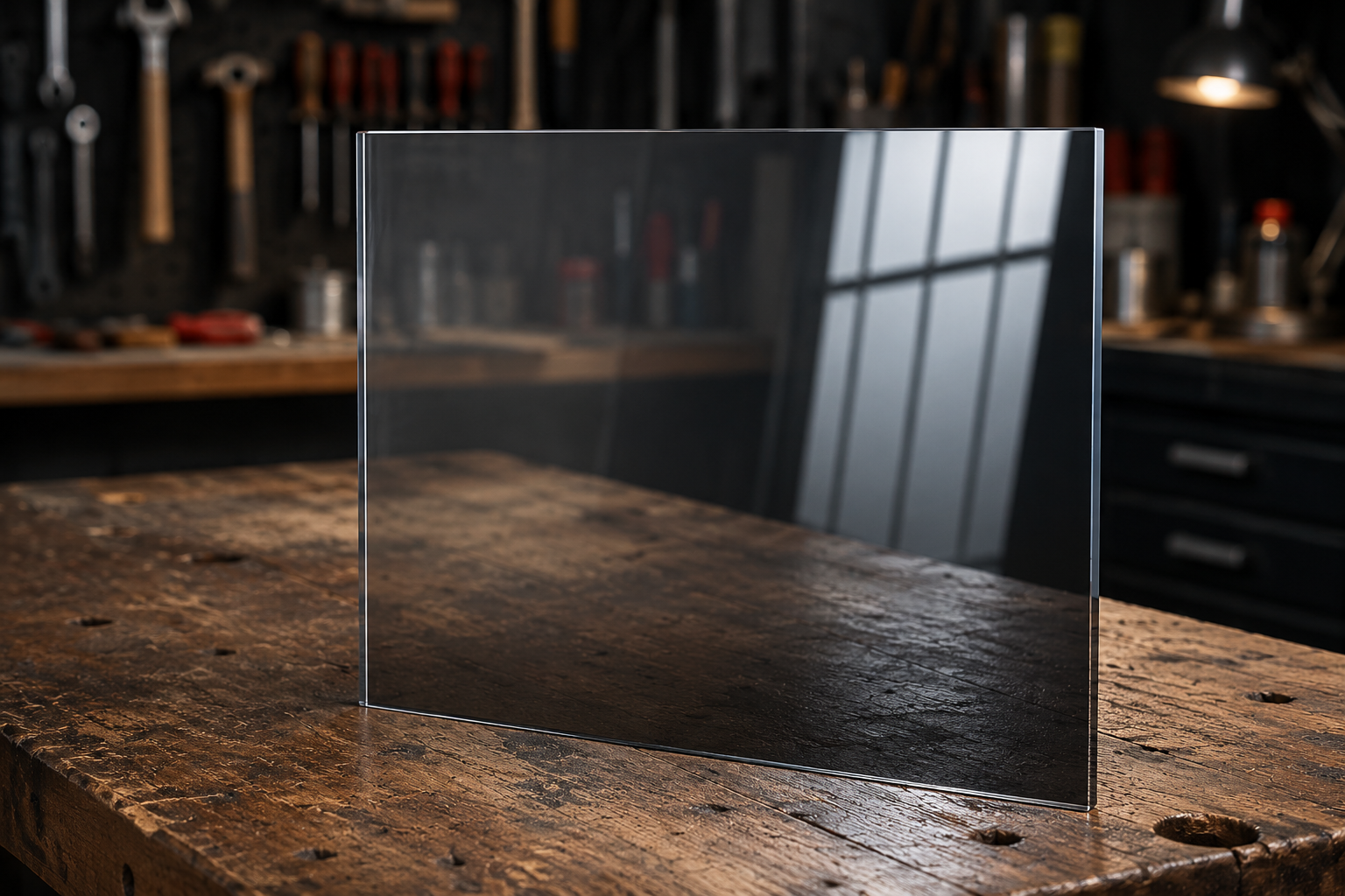 Plaque acrylique Optix See-Thru miroir sans tain transparent posée sur un établi en bois