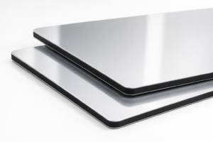 Plaques composites en Alupanel miroir argent superposées montrant leur âme flexible
