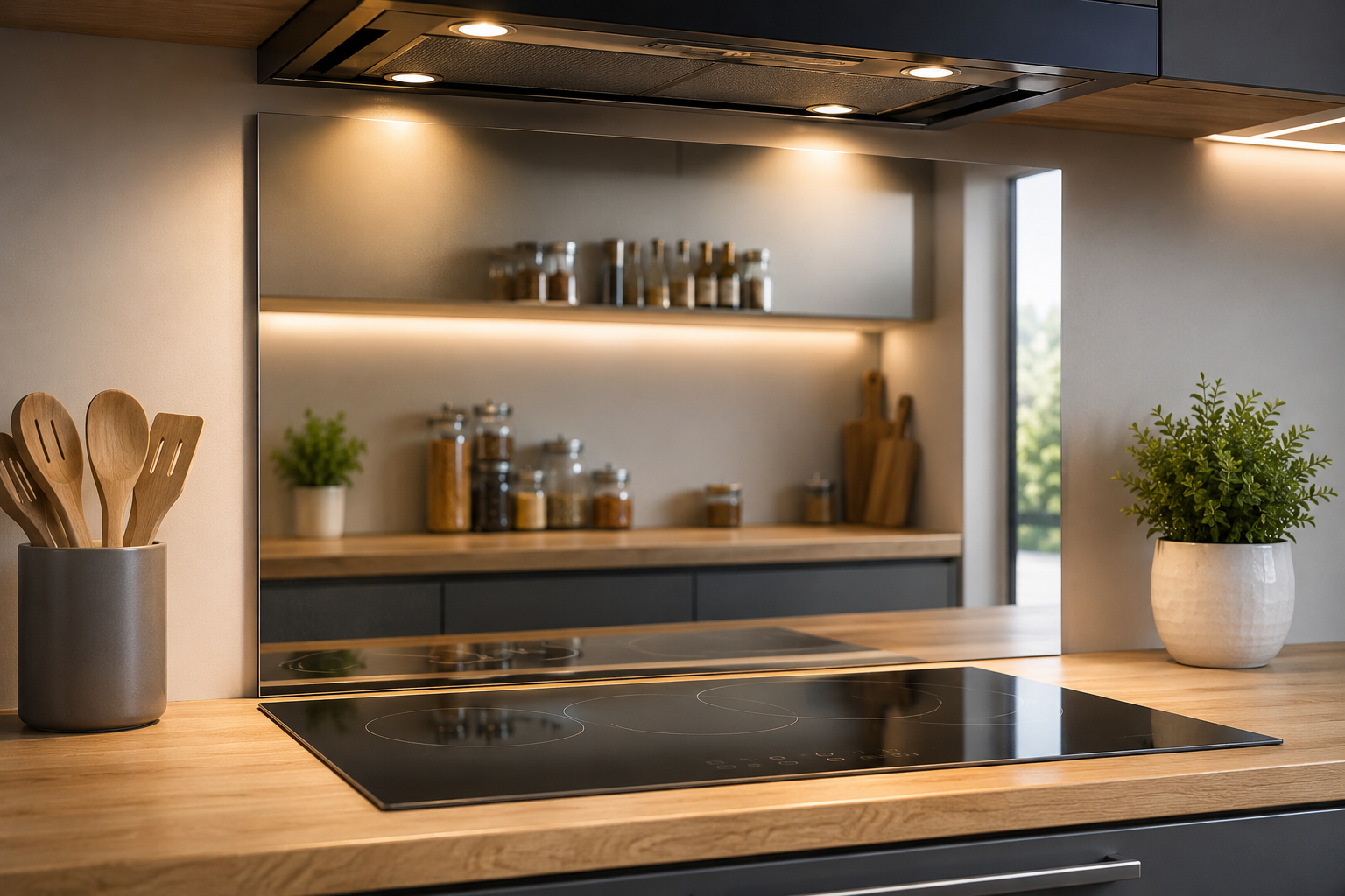 Fond de hotte effet miroir installé derrière une plaque de cuisson dans une cuisine moderne
