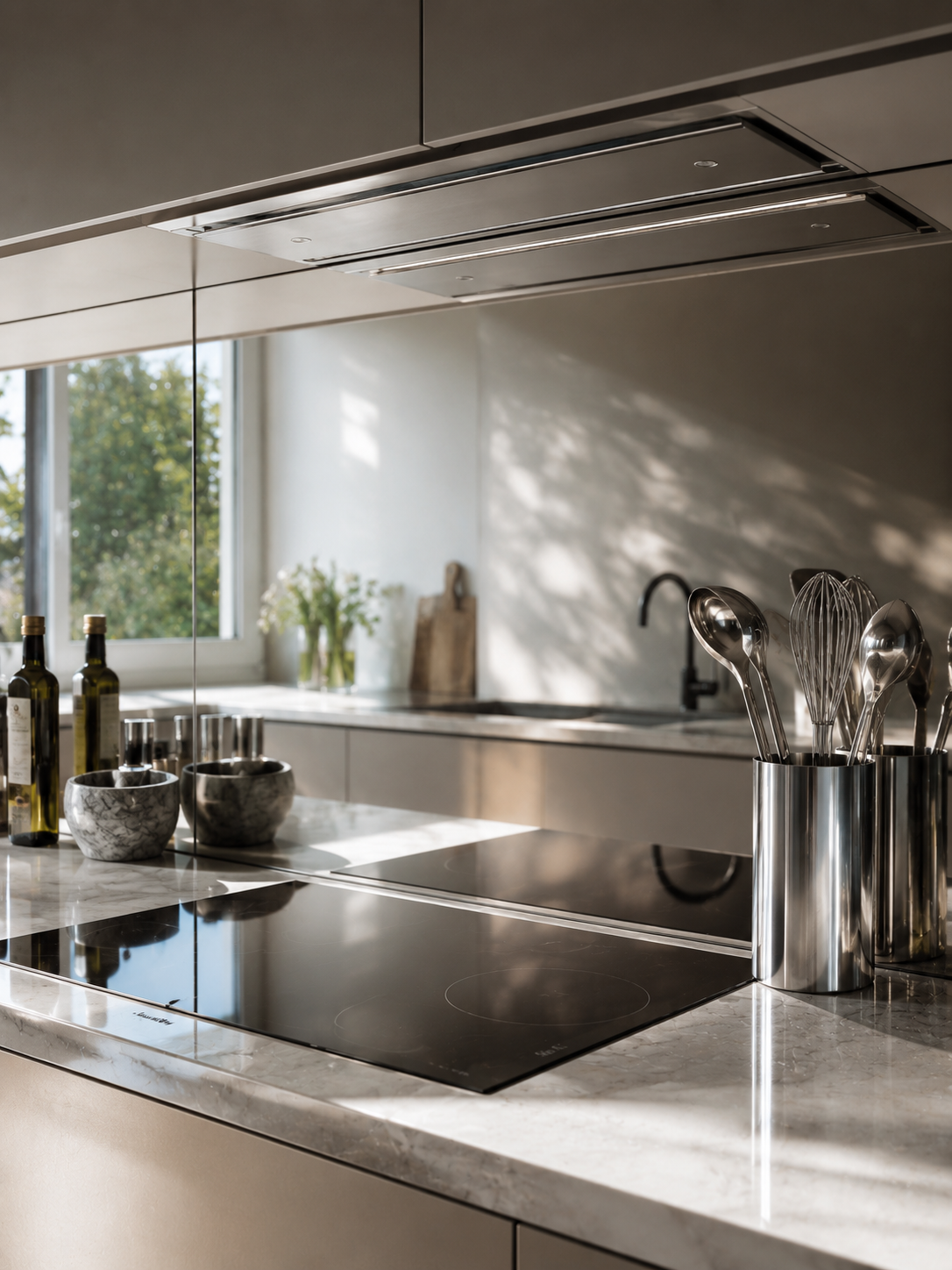 Crédence de cuisine en inox miroir derrière une plaque de cuisson