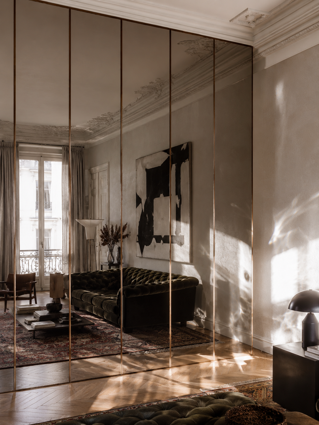 Salon habillé de grands panneaux muraux effet miroir