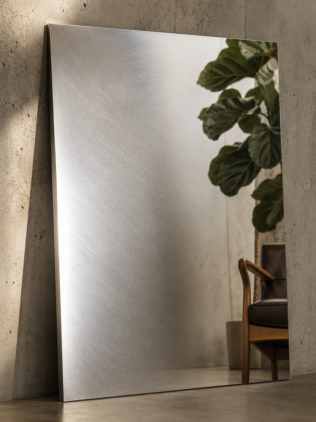 Mur habillé de tôle inox miroir à côté d’une plante